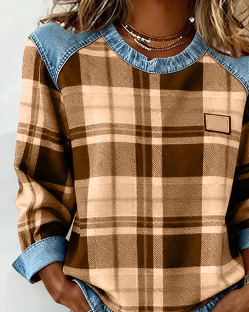 Elvarielle | Dames Geruite Trui – Denim Patchwork Gebreide Casual Trui met Lange Mouwen