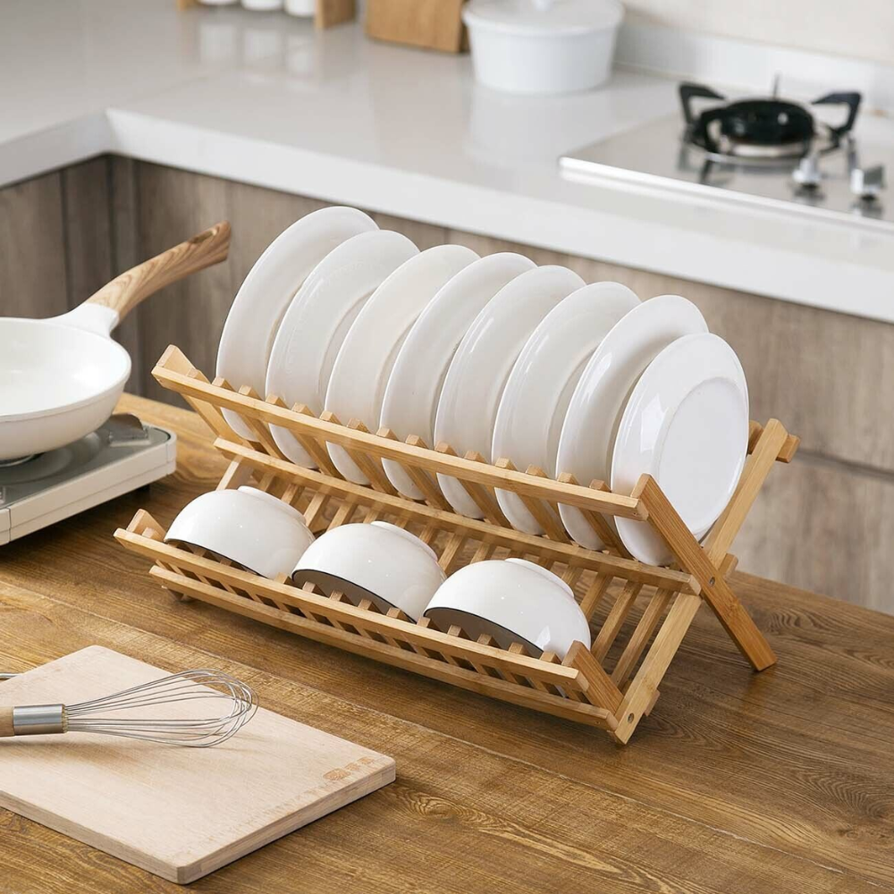 DishDock | Bamboe Afdruiprek – Bamboe Bord- en Kopjesdroger voor het Aanrecht