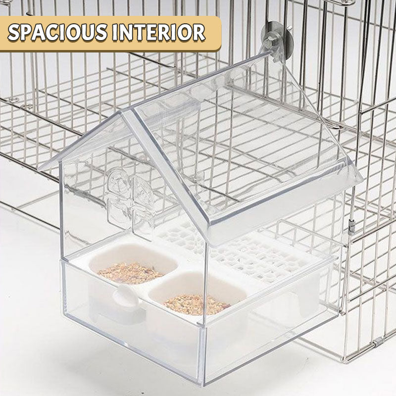 PerchHouse | Vogelvoederstation met dak, transparante 3-in-1 voederbak, bad en waterbak voor kooi of balkon