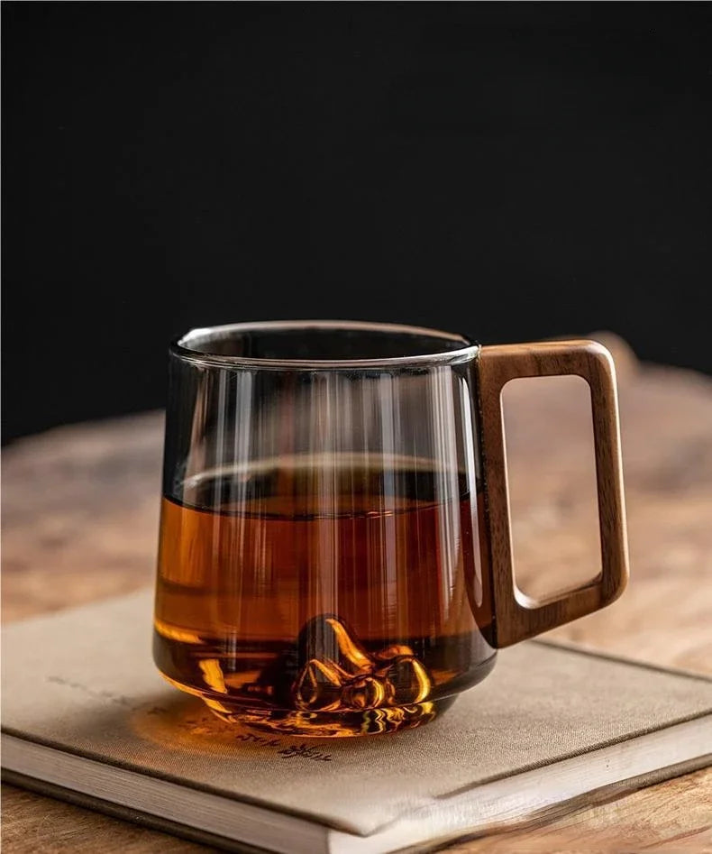 Mugvie | Moderne glazen mok met houten handvat – grote mok van 400 ml