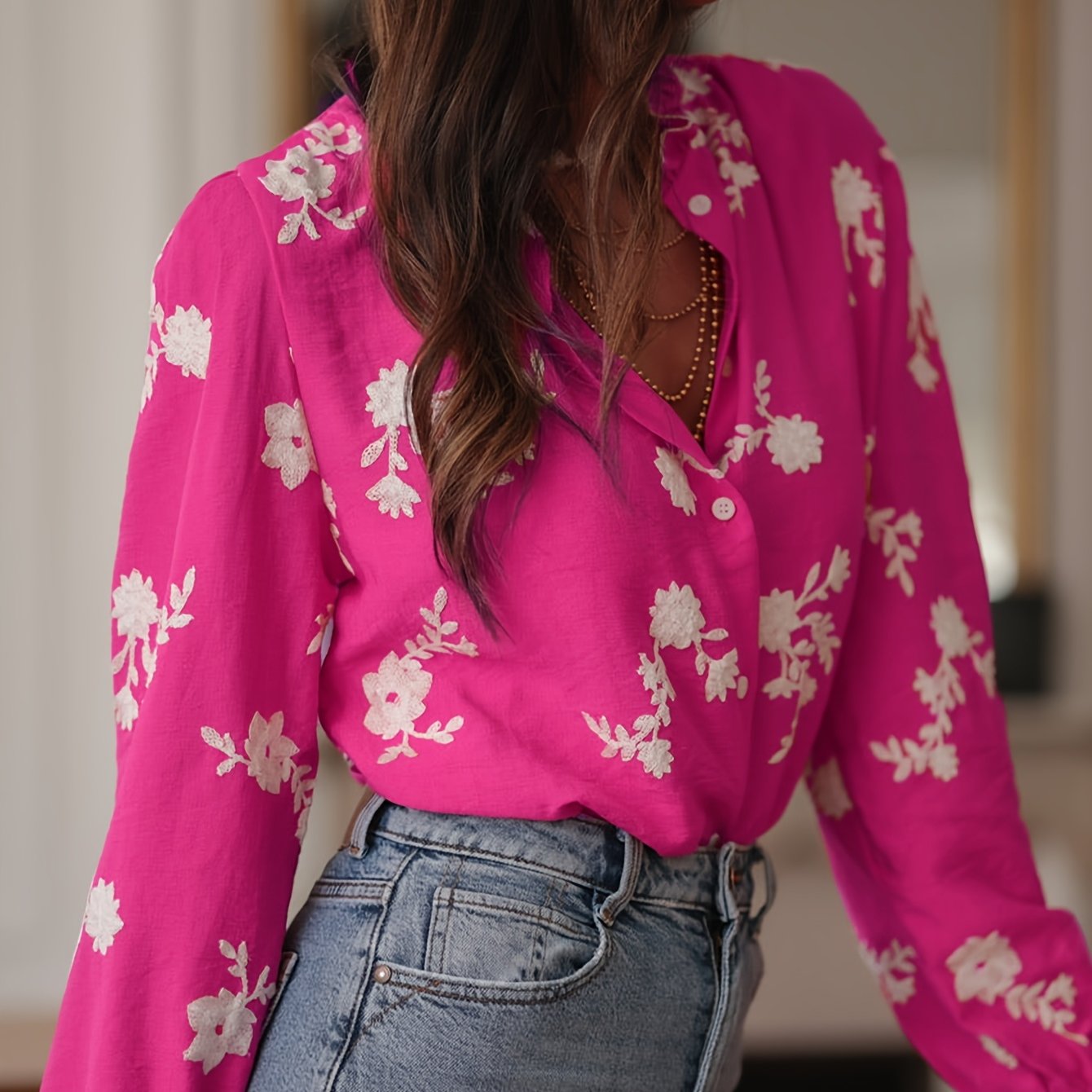 Omelia | Dames casual blouse met lange mouwen, bloemenborduursel, knopen aan de voorkant