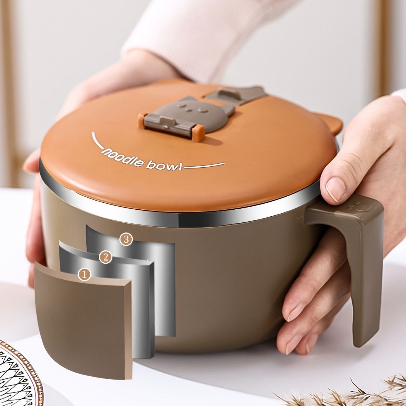 Bowluxe | 1300 ml roestvrijstalen noedelkom met deksel – geïsoleerde soep- en voedselcontainer