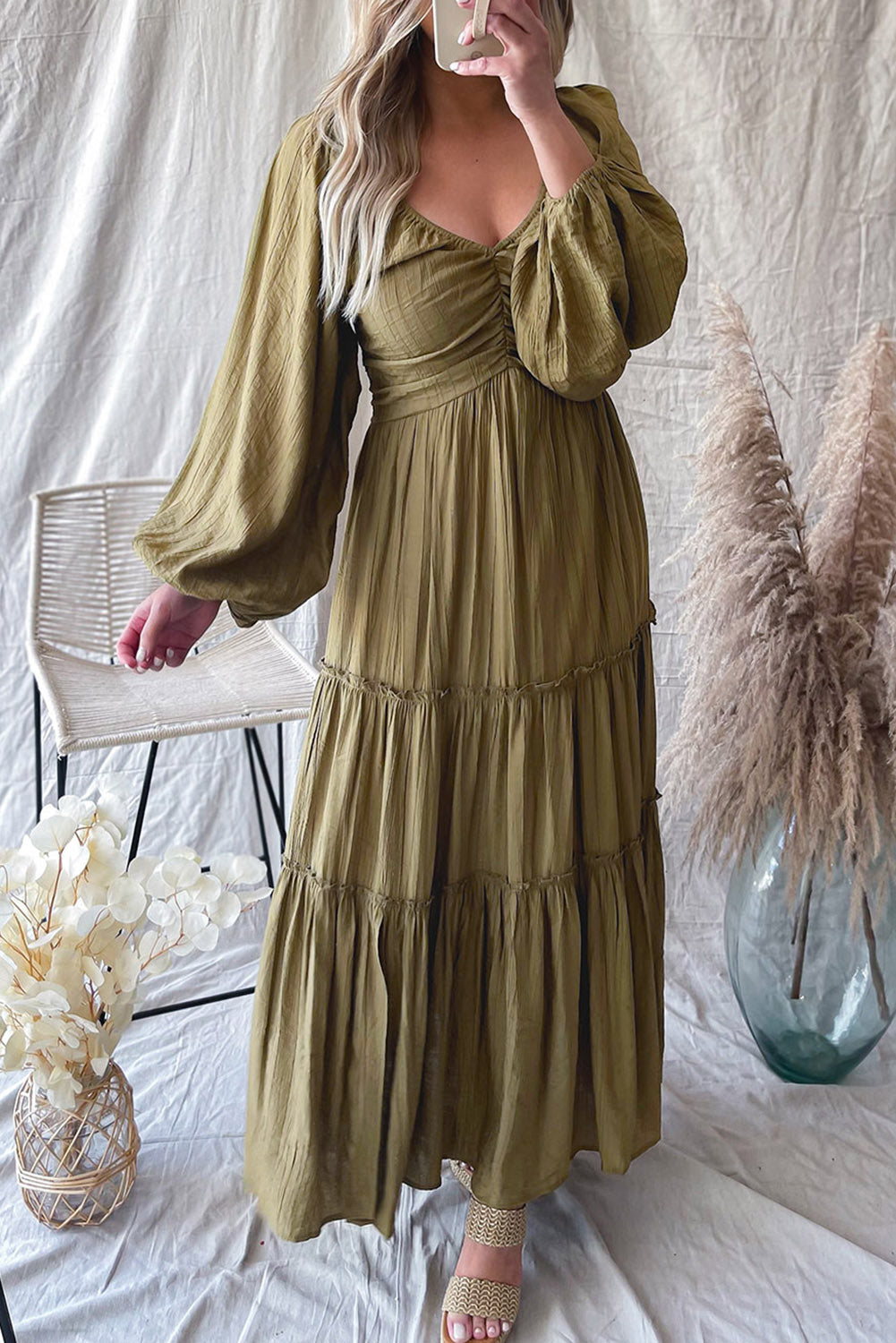 Sinae | Dames V-hals Maxi Jurk met Cut-Out – Boho Avondjurk met Strikdetail en Franjes