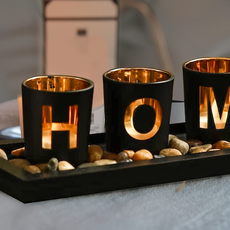 GlowHome | 4-Delige glazen waxinelichthouder set met houten dienblad - Huisdecoratie, Middenstuk, Decoratieve Kaarshouders