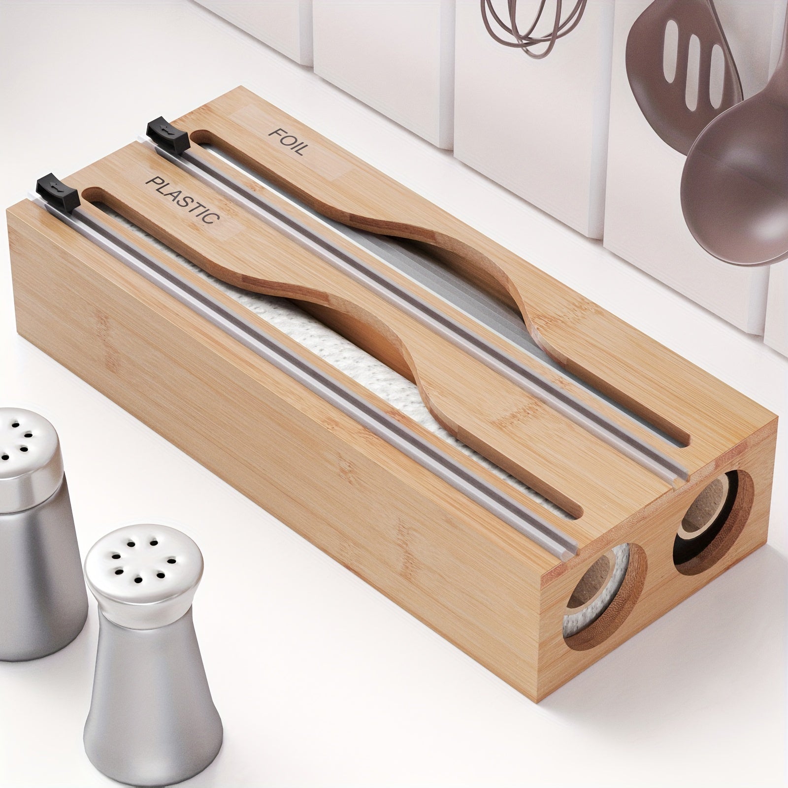 WrapMaster | 2-in-1 Houten Keukenwikkelautomaat met Snijder, Dubbele Gleuf Opbergorganisator voor Keukenlade & Aanrecht