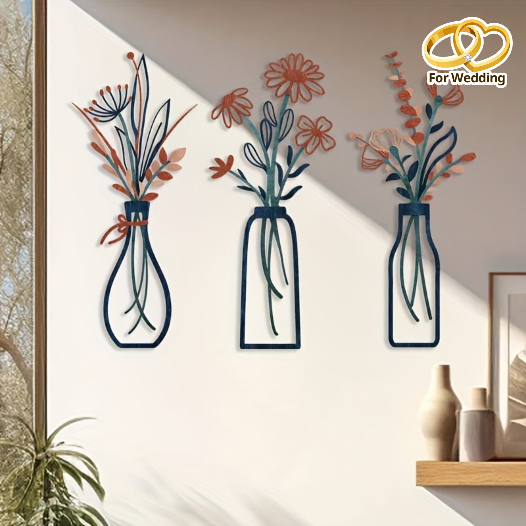 Bloomistry | 3-delige opvallende bloemenwanddecoratie, metalen hangende sculpturen voor de woonkamer