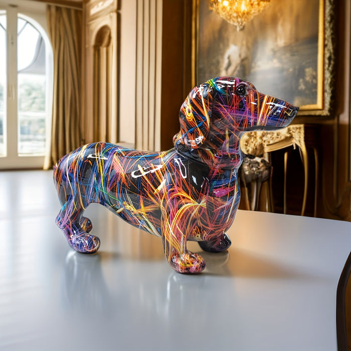 HueHound | Kleurrijk Teckelbeeldje - Speels Huisdecor, Uniek Decoratief Beeldje