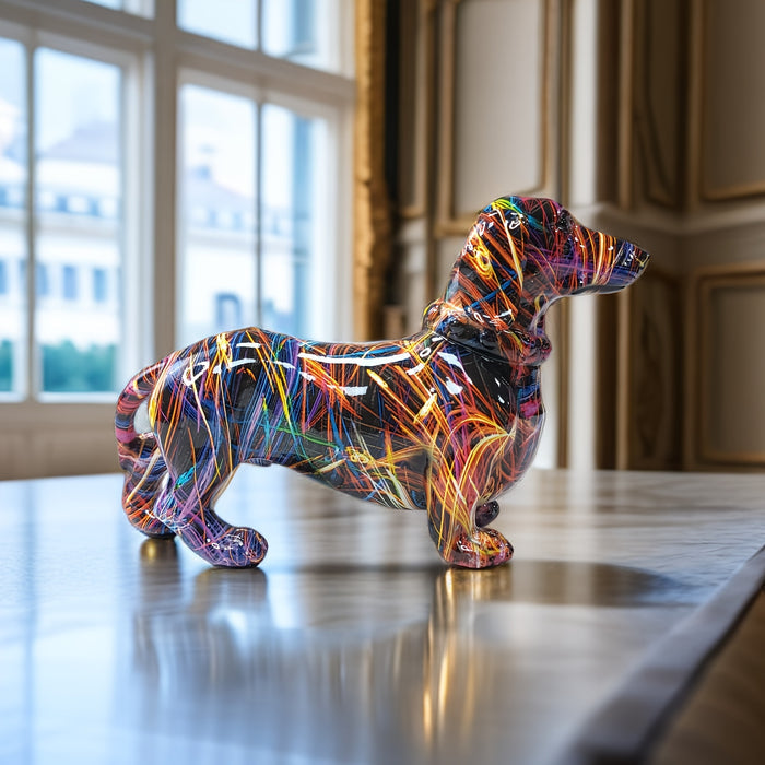 HueHound | Kleurrijk Teckelbeeldje - Speels Huisdecor, Uniek Decoratief Beeldje