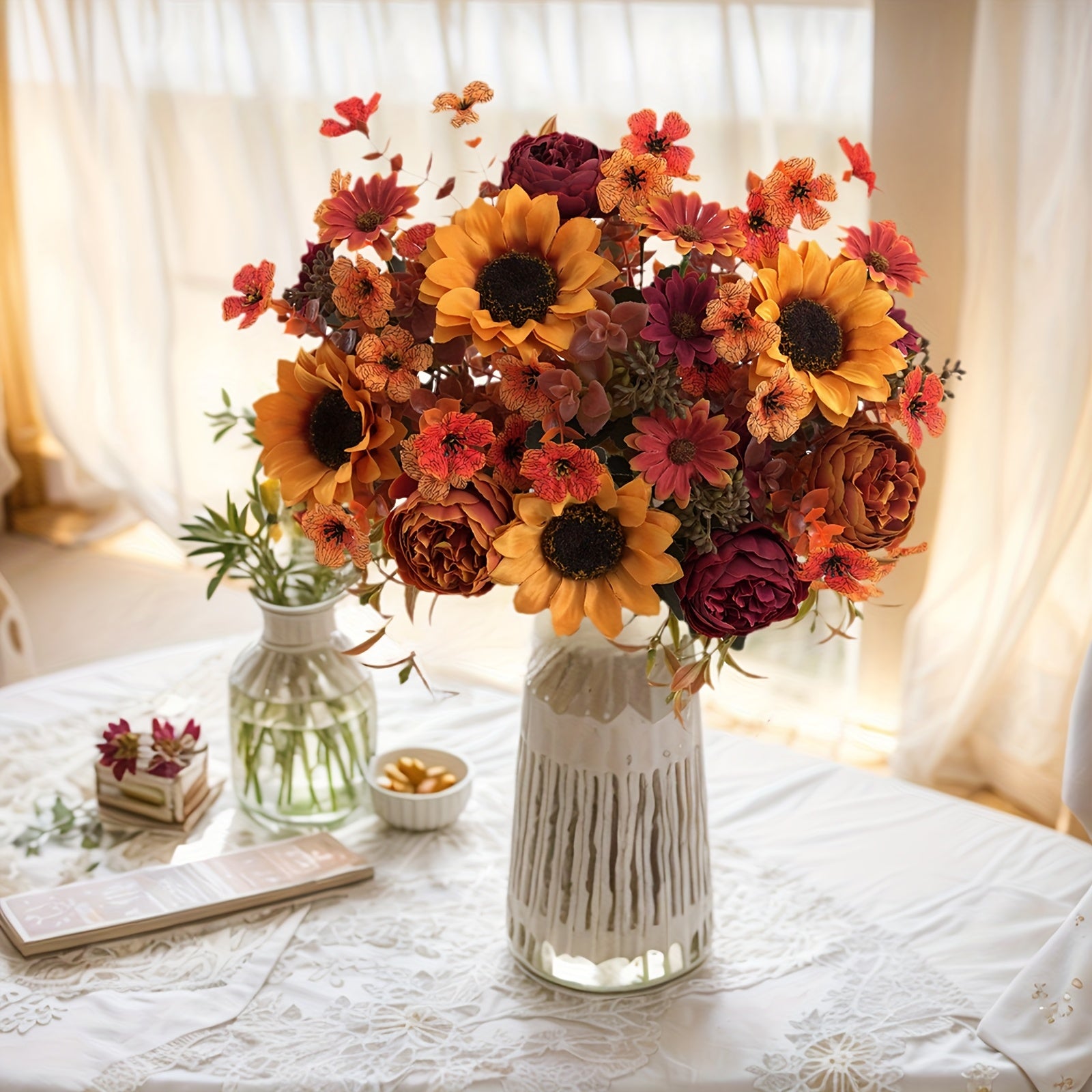 AutumnBloom | 4 stuks kunstbloemenarrangement voor de herfst – boeket met zonnebloemen, pioenrozen en madeliefjes
