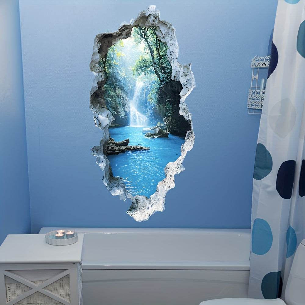 AquaVista | 3D Waterval Bos Muursticker – Waterdichte Badkamer Decal, Zelfklevende Natuur Muurdecoratie