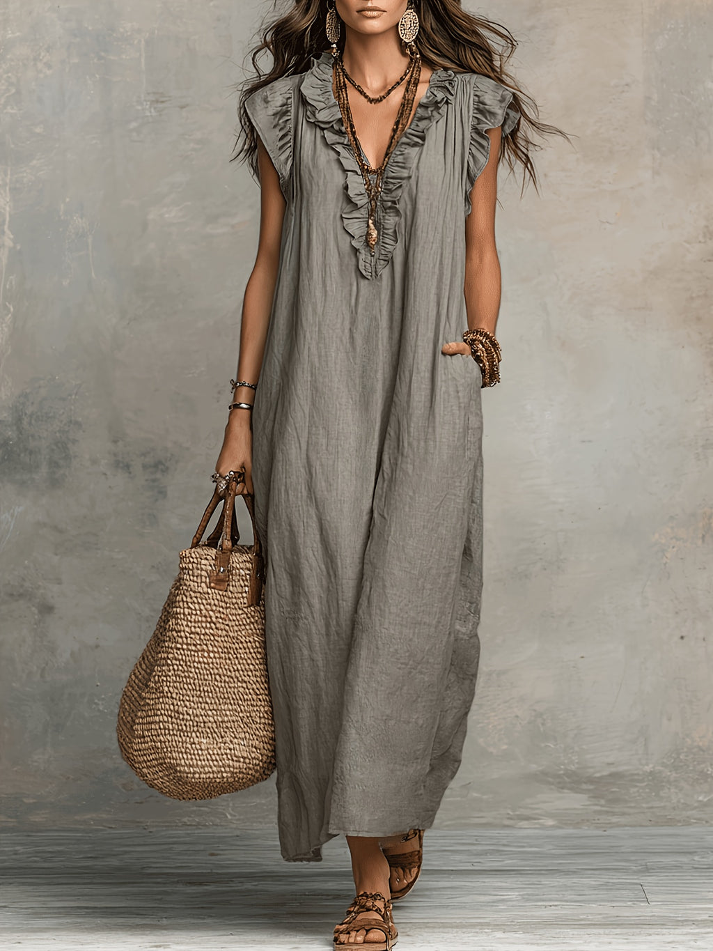 Jyra | Casual-elegante jurk voor dames – Lange, zwierige zomerjurk in boho-stijl met V-hals