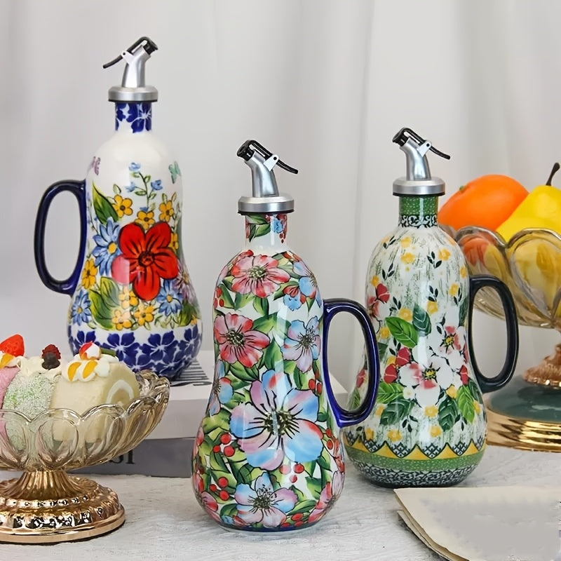 OlivaBloom | Handbeschilderde Olijfoliefles, Elegante Keuken Oliefles, Bloemmotief