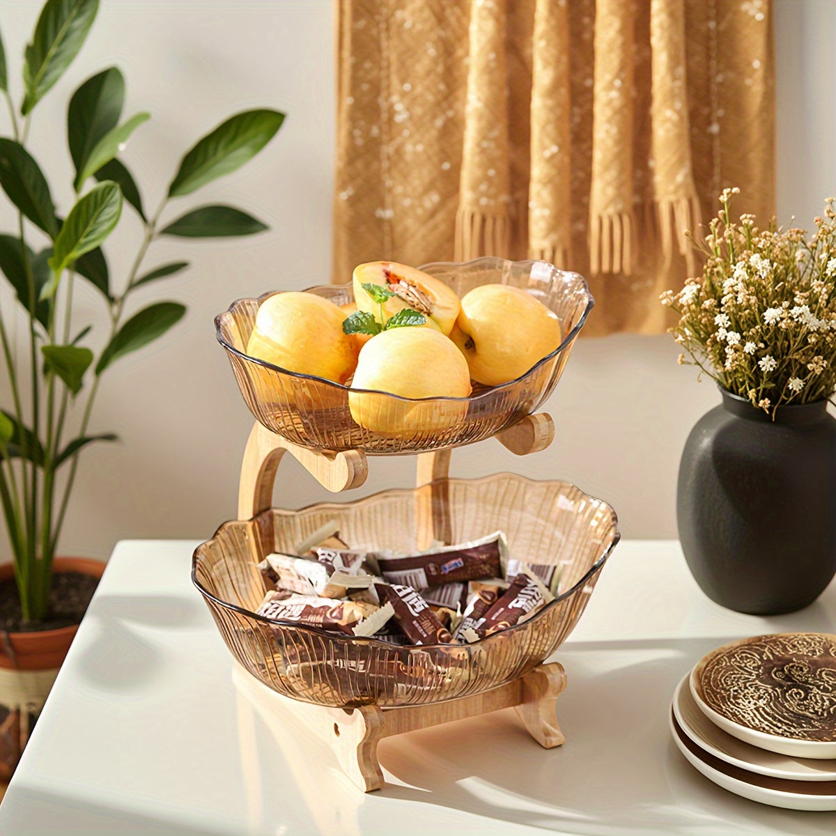 StackNest | 3-Lagen Plastic Fruit- & Snackbord – Multifunctionele Opbergtray, Gelaagde Dessertstandaard