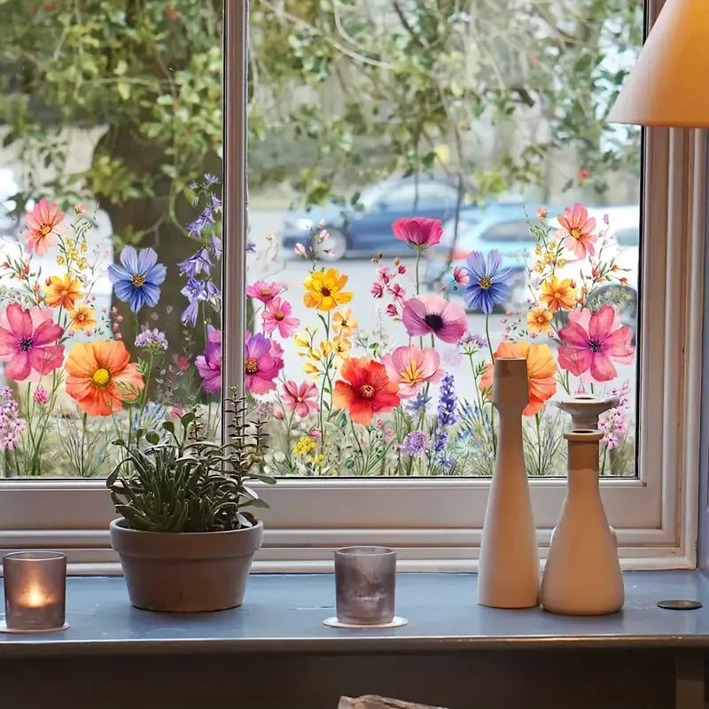 FloralHues | Bloemen raamstickers – herbruikbare dubbelzijdige bloemenstickers voor glas