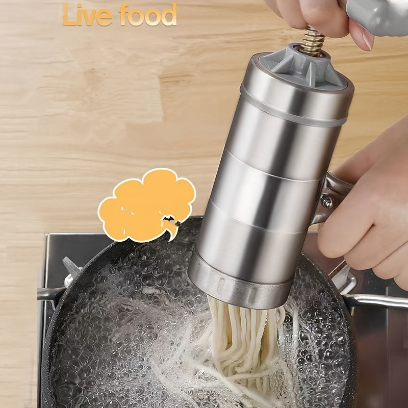 NoodleMate | Roestvrijstalen pastapers – Handmatige keukenpastamaker met 5 mallen