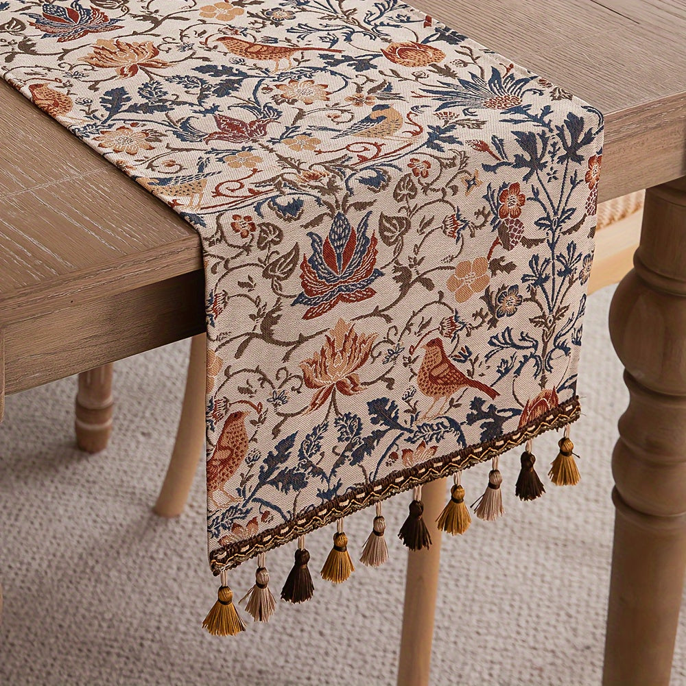 FloralVista | Vintage tafelloper met kwastjes - rustiek landelijk decoratief tafelkleed