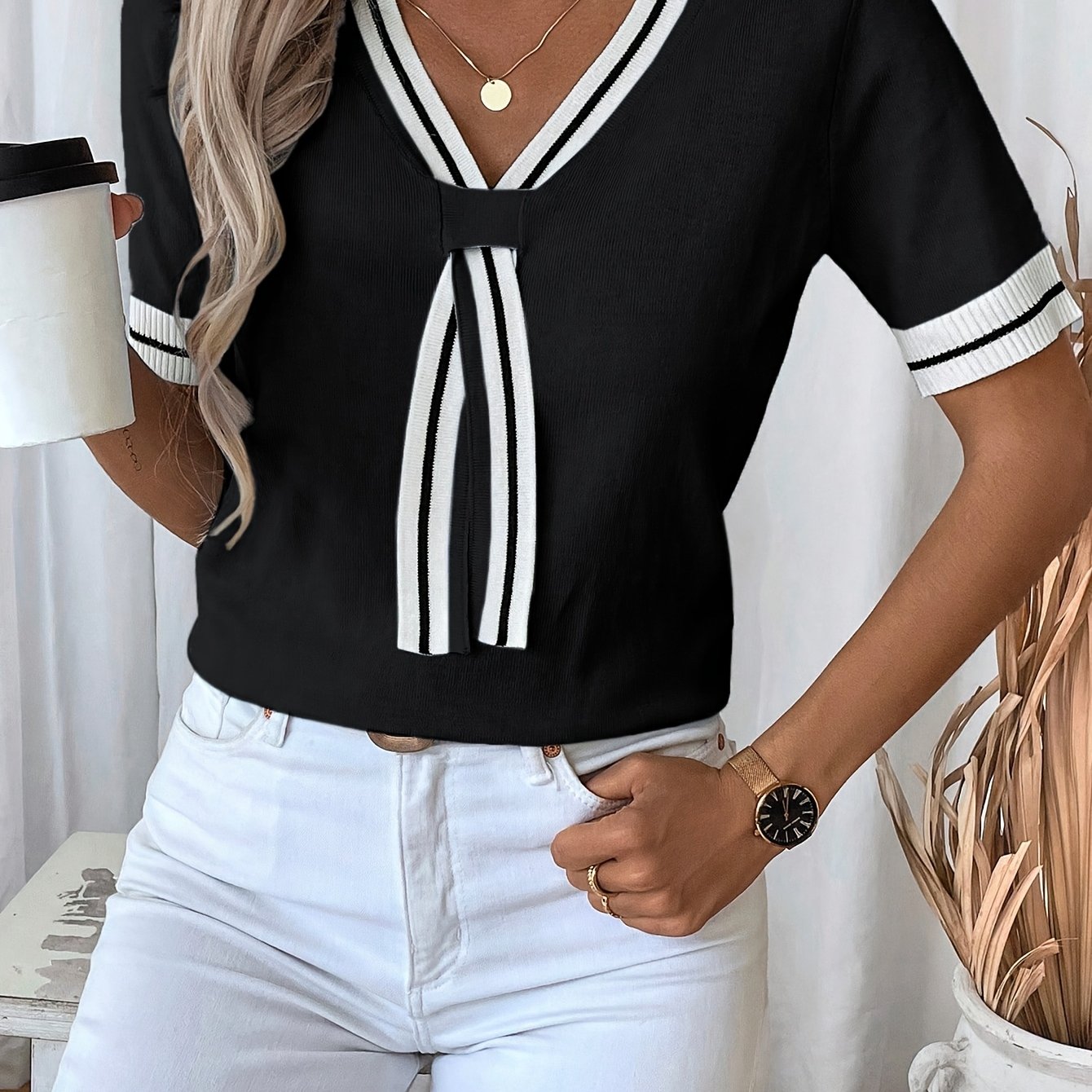 Analya | Dames Zomer T-shirt met V-hals en Strik – Casual Gebreid, Lichtgewicht, Ademend