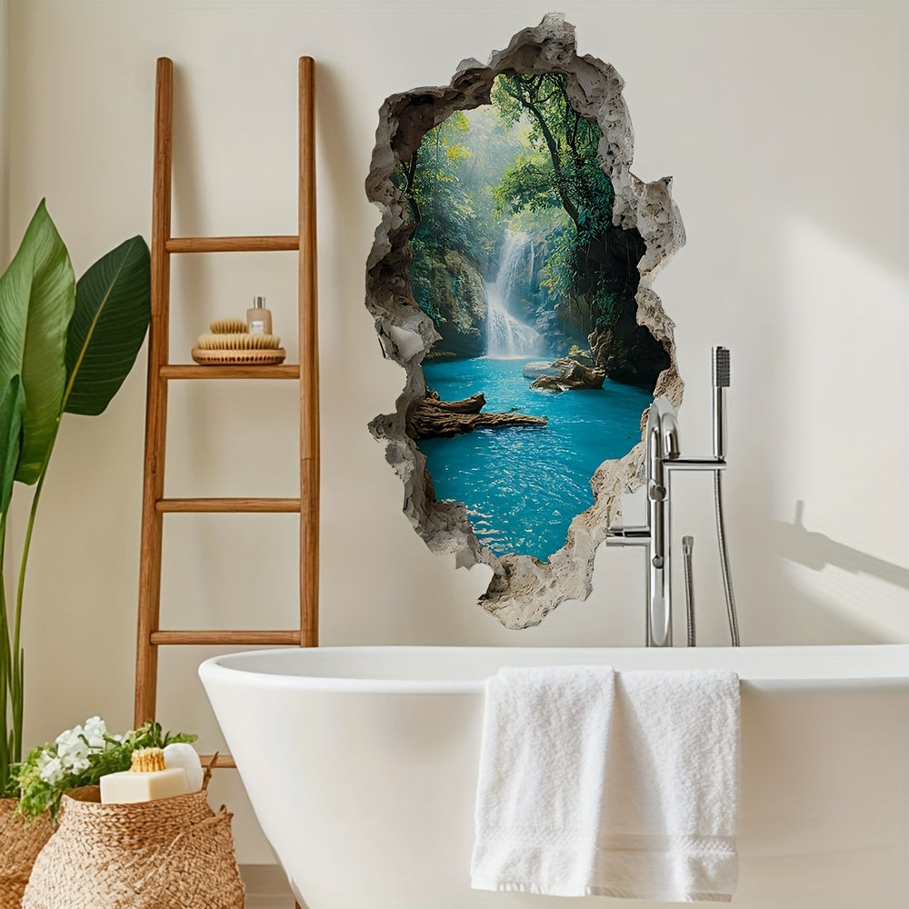 AquaVista | 3D Waterval Bos Muursticker – Waterdichte Badkamer Decal, Zelfklevende Natuur Muurdecoratie