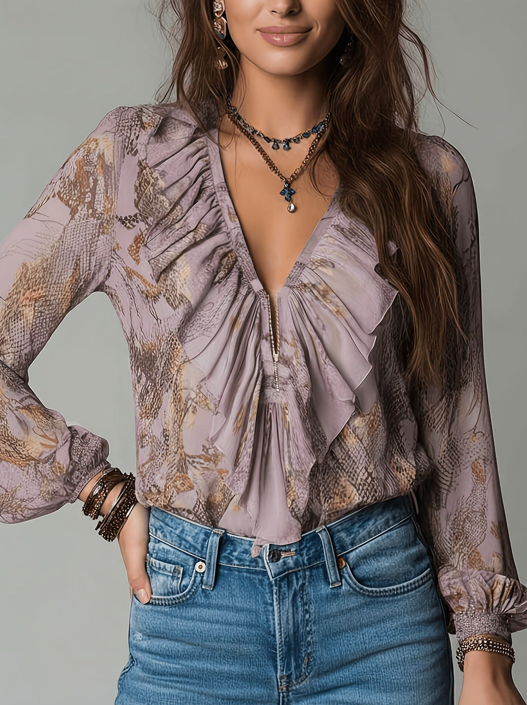 Ulynn | Elegante chiffonblouse voor dames – Blouse met bloemenprint, slangenprint, V-hals en ruches