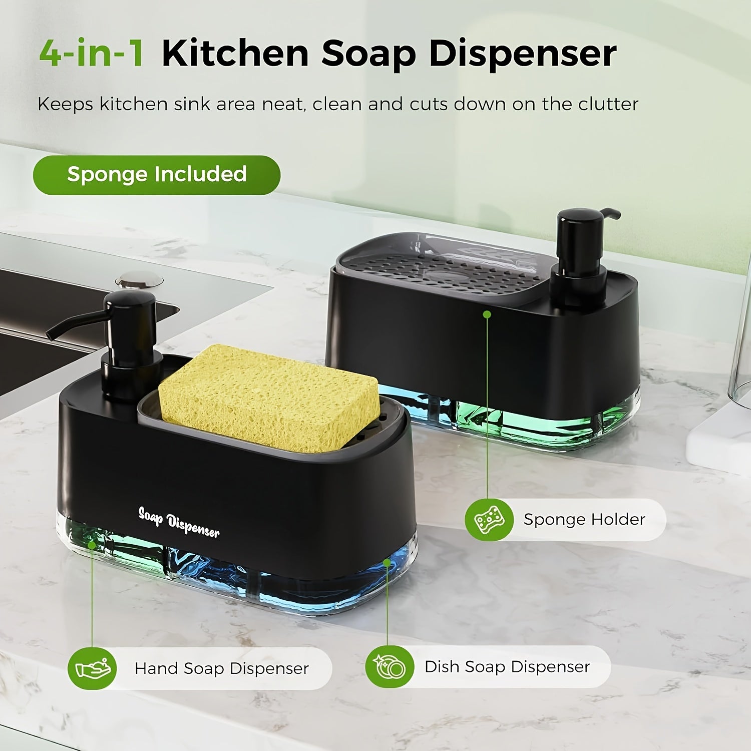SoapVault | 4-in-1 dispenser voor afwasmiddel met sponshouder - dubbele dispenser voor hand- en afwasmiddel