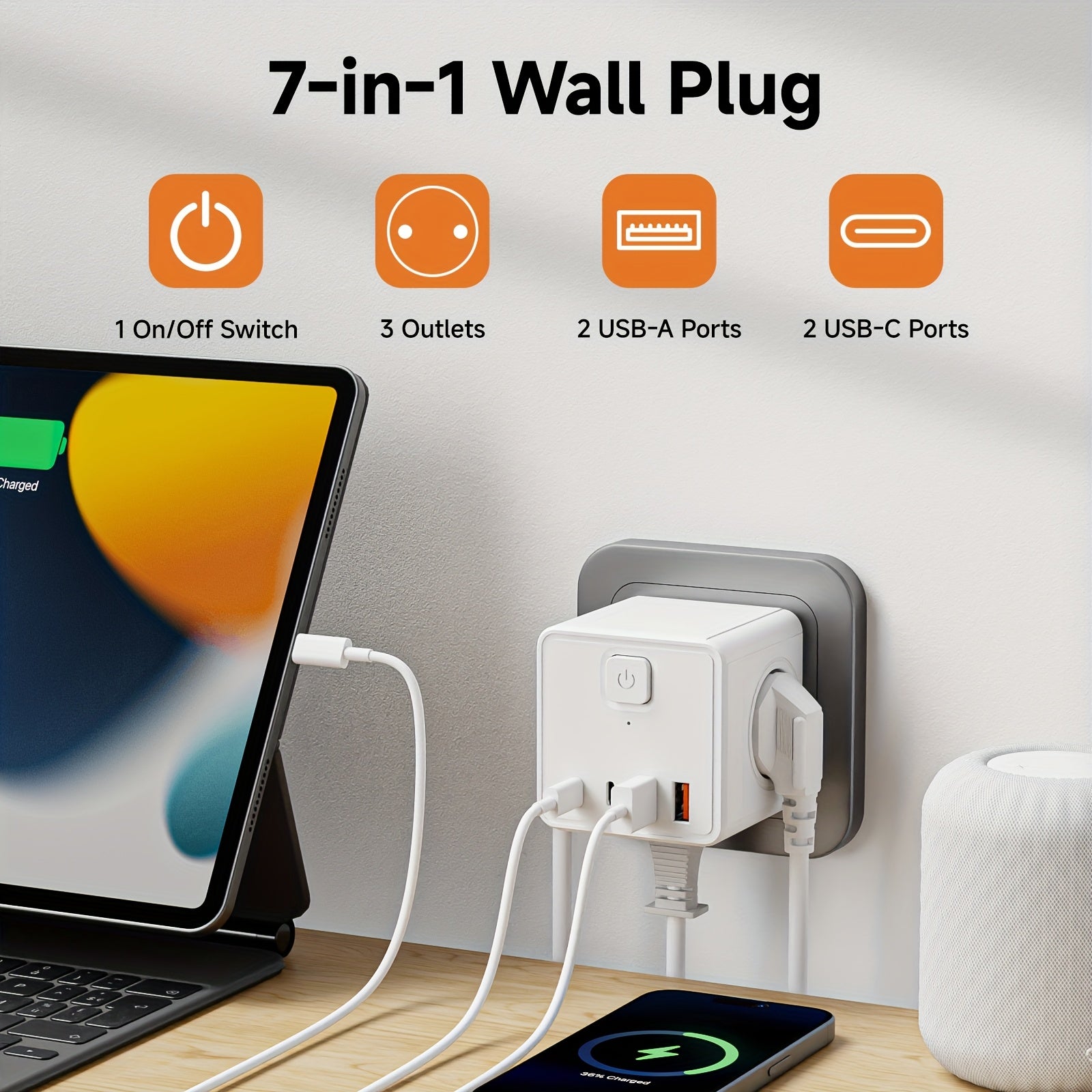 PowerPort | 7-in-1 EU Stopcontact Strip – 3 AC, 2 USB, 2 Type-C Poorten met Schakelaar, Thuis & Kantoor