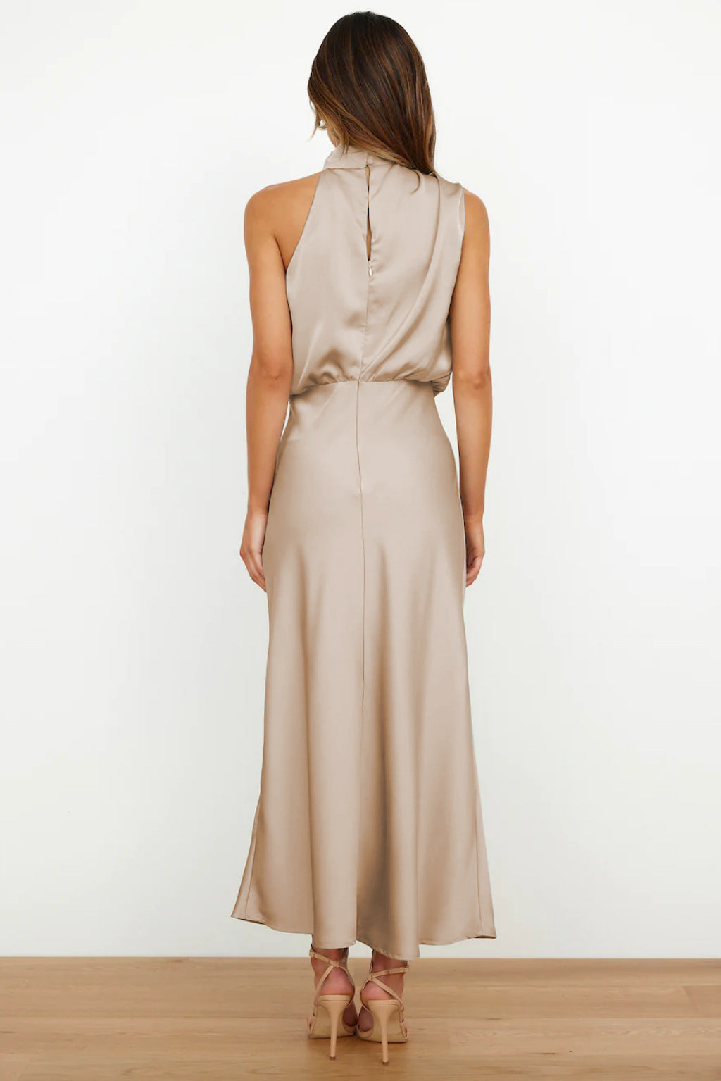 Ayra | Dames satijnen halternek midi-jurk – mouwloze elegante bodycon avond- en feestjurk
