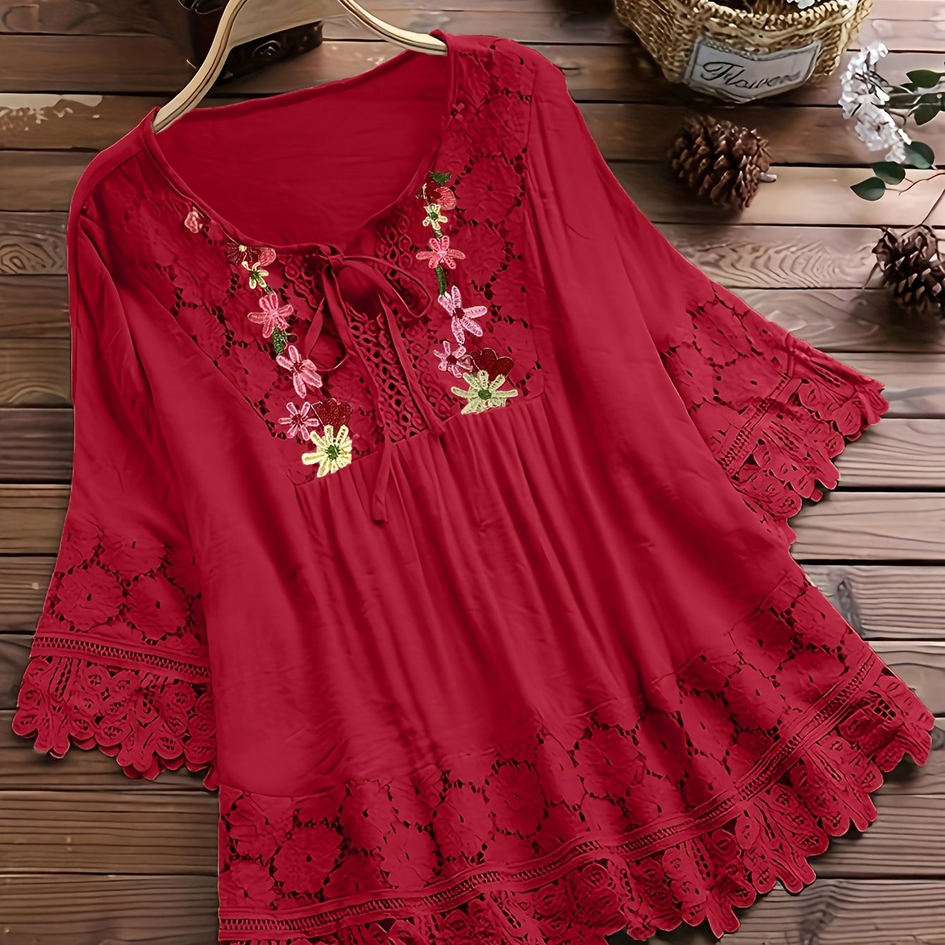 Vayla | Casual kanten damesblouse – Lente-zomerblouse met lange mouwen en patchwork