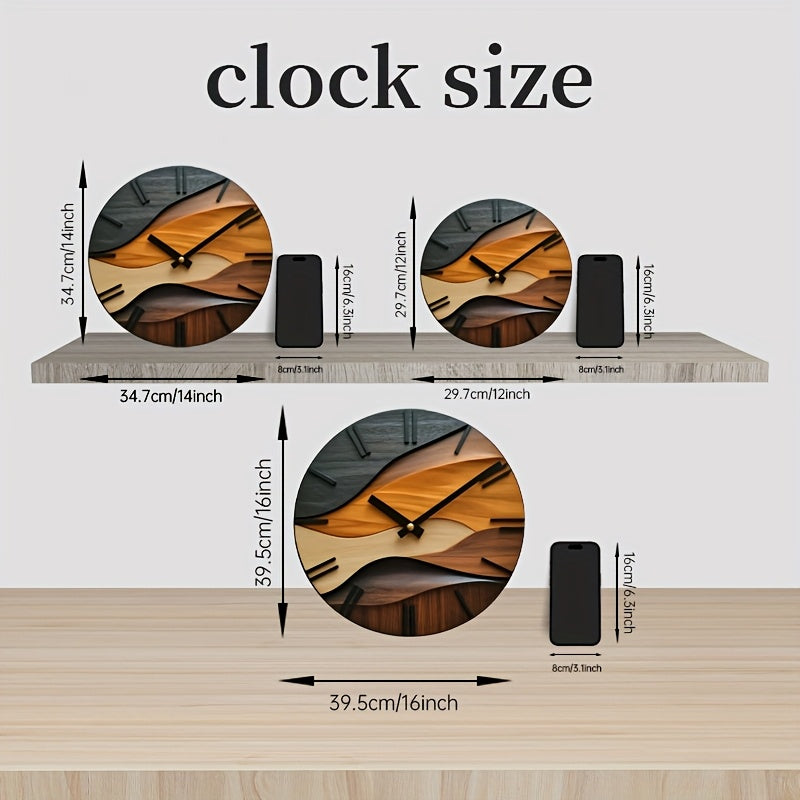 TimeRipple | 12″ Artistieke Ronde Glazen Wandklok - Scandinavisch Houtnerf-Gegolfd Ontwerp, 3 mm Gehard Glas Decor