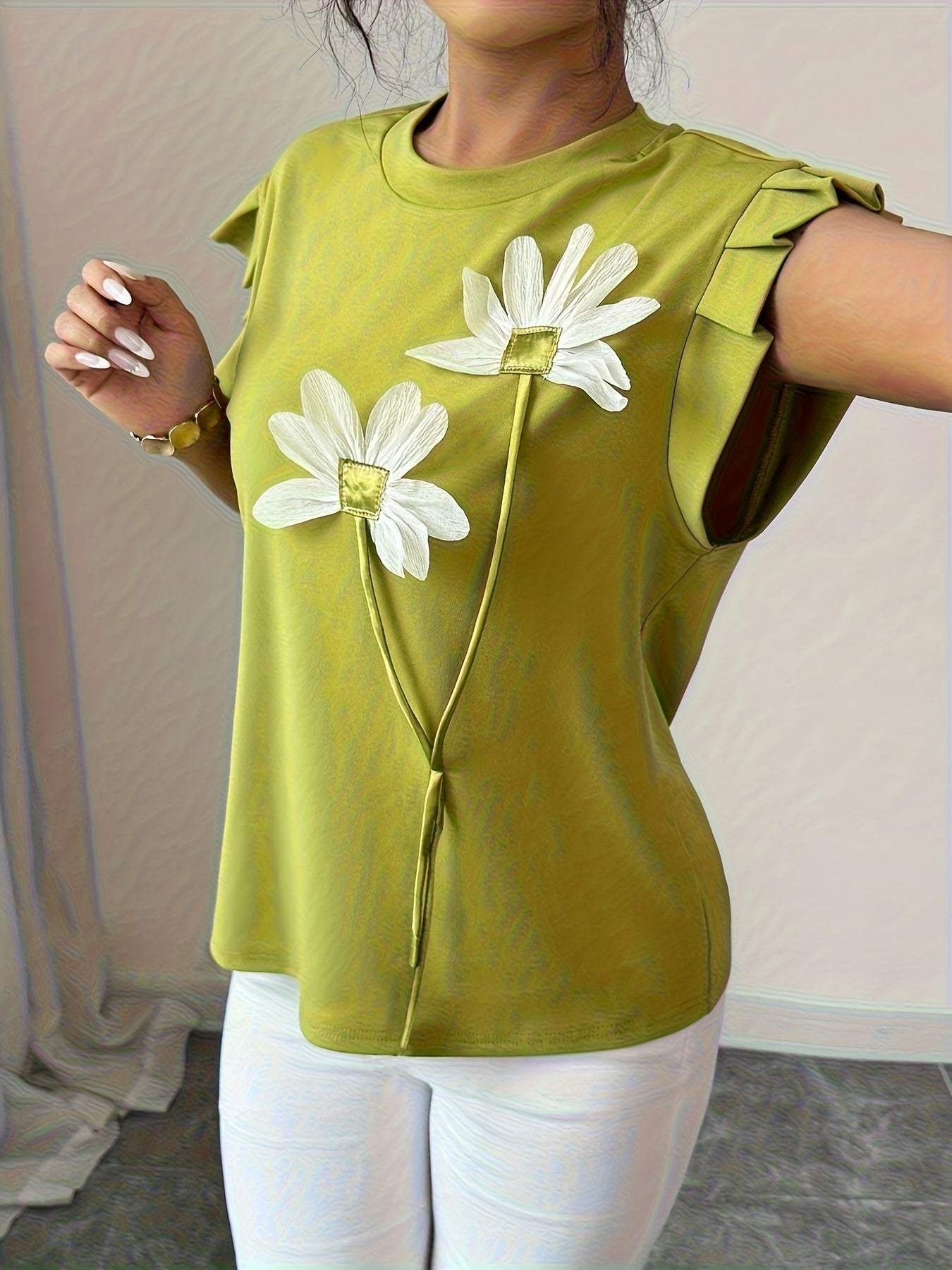 Selindra | 3D Bloemen T-shirt – Kleurblok Casual Top, Mouwloos, Comfortabel Everyday Tee