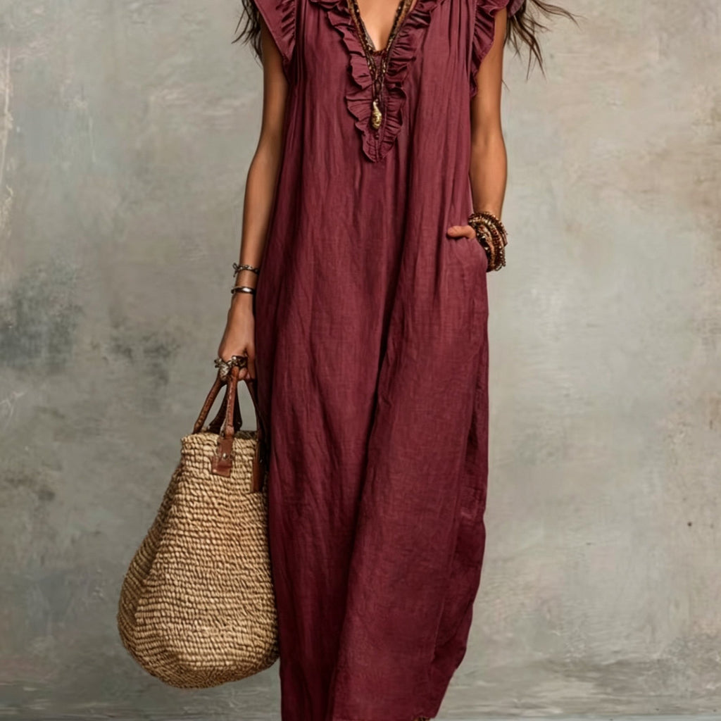 Jyra | Casual-elegante jurk voor dames – Lange, zwierige zomerjurk in boho-stijl met V-hals