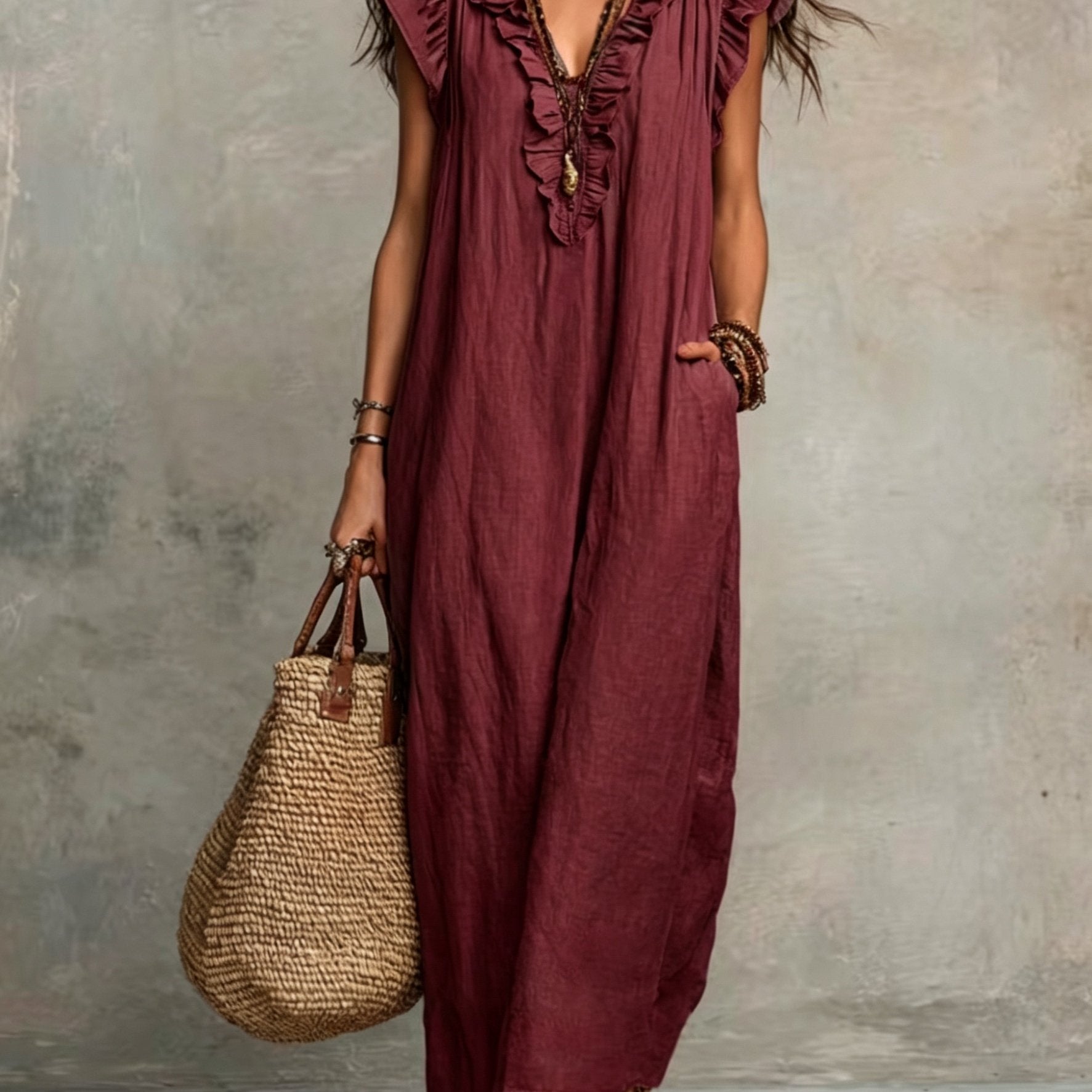 Jyra | Casual-elegante jurk voor dames – Lange, zwierige zomerjurk in boho-stijl met V-hals