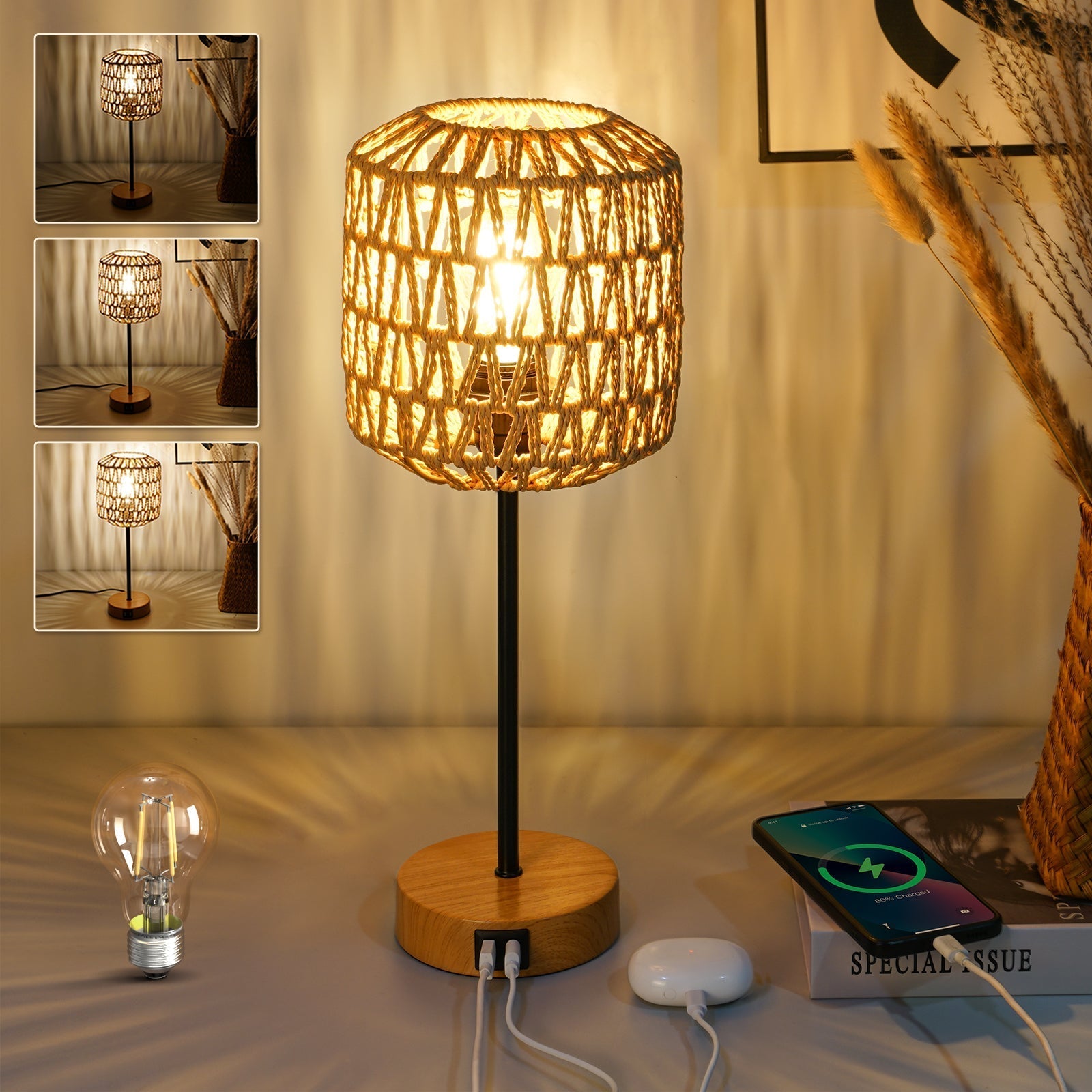 BohoBeam | 3-Weg Dimbare Rotan Tafellamp met Touch Control & USB-poort - Boho Chic Bureaulamp