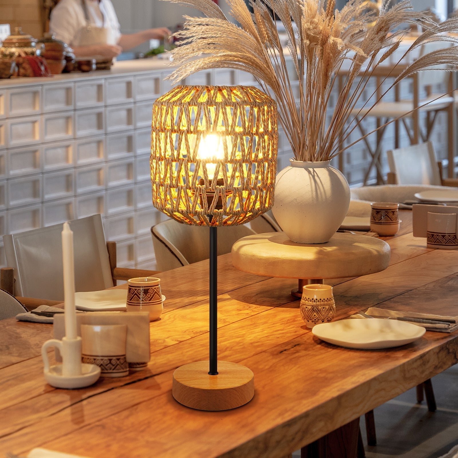 BohoBeam | 3-Weg Dimbare Rotan Tafellamp met Touch Control & USB-poort - Boho Chic Bureaulamp