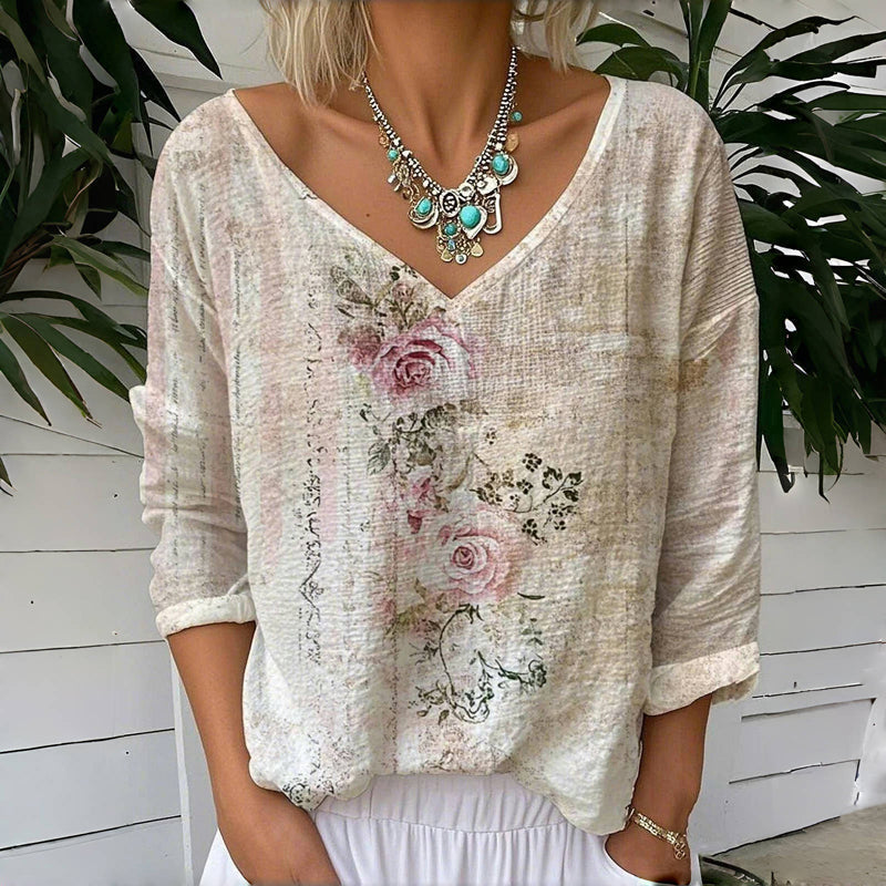Valviona | Dames Retro Top met Bloemenprint – 3/4 Mouwen, V-Hals Zomer T-shirt