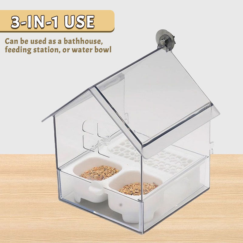 PerchHouse | Vogelvoederstation met dak, transparante 3-in-1 voederbak, bad en waterbak voor kooi of balkon