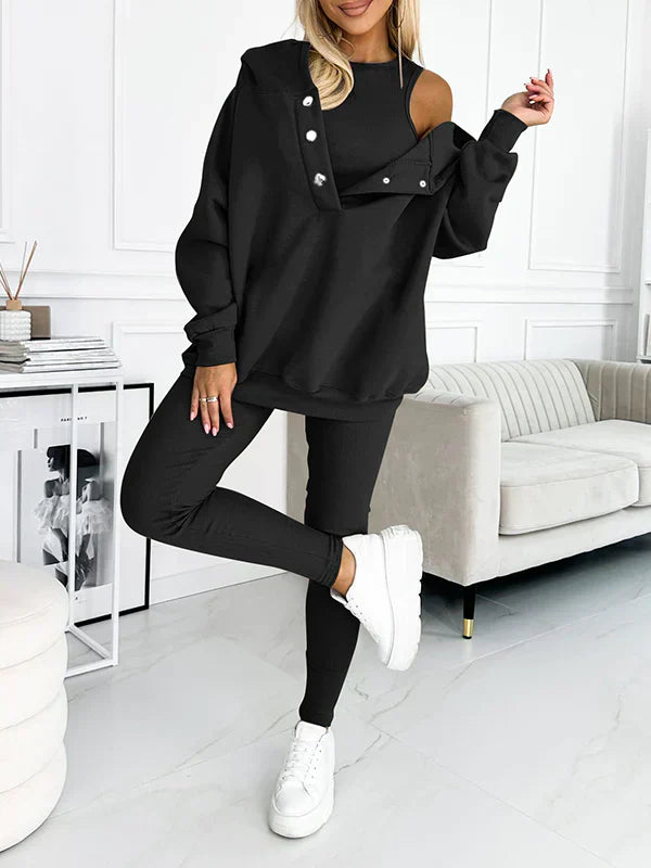 Rydelle | Dames 3-Delige Hoodie Set – Casual Hoodie met Knopen, Tanktop en Legging