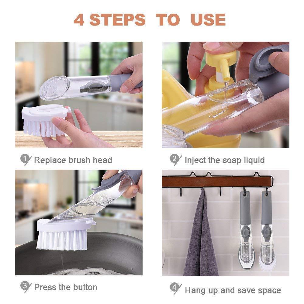 QuickClean | Ergonomische afwasborstel met ingebouwde zeepdispenser – vervangbare sponskop, antisliphandvat