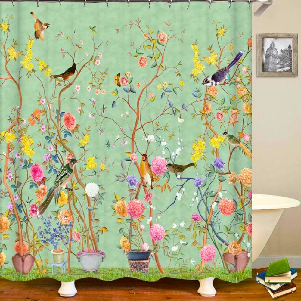 BirdBloom | Waterdicht douchegordijn - Bloemen- en vogelprint, Elegant badkamerdecor