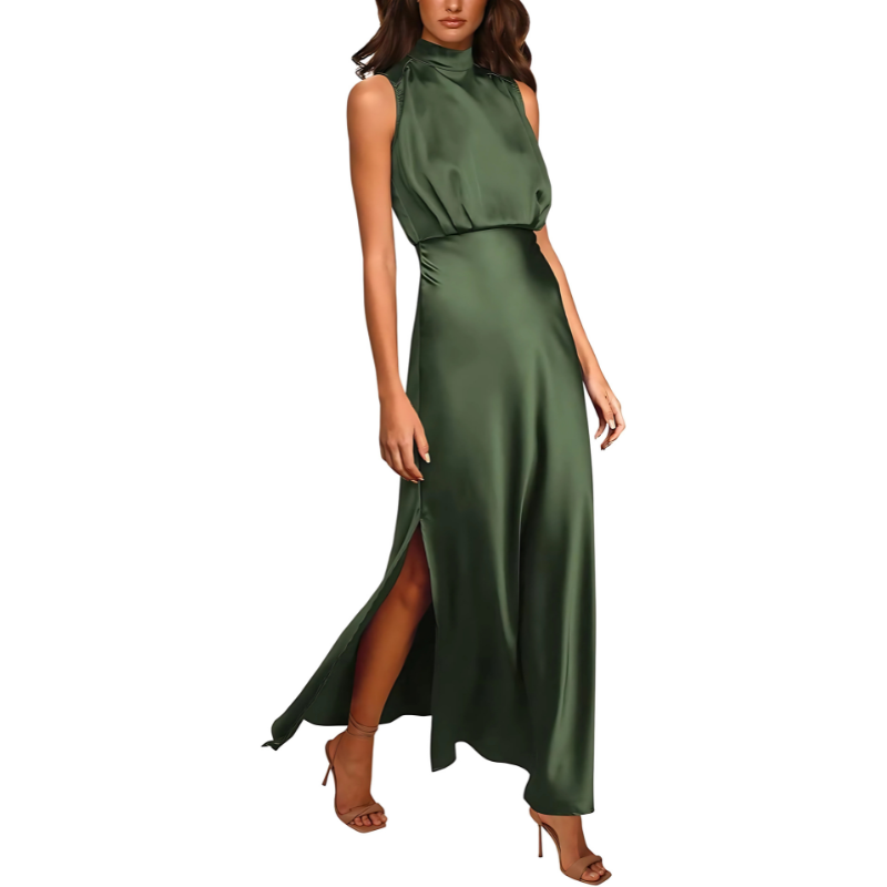 Vaila | Elegante maxi-jurk voor dames – Lange, formele jurk van satijn met hoge hals en split