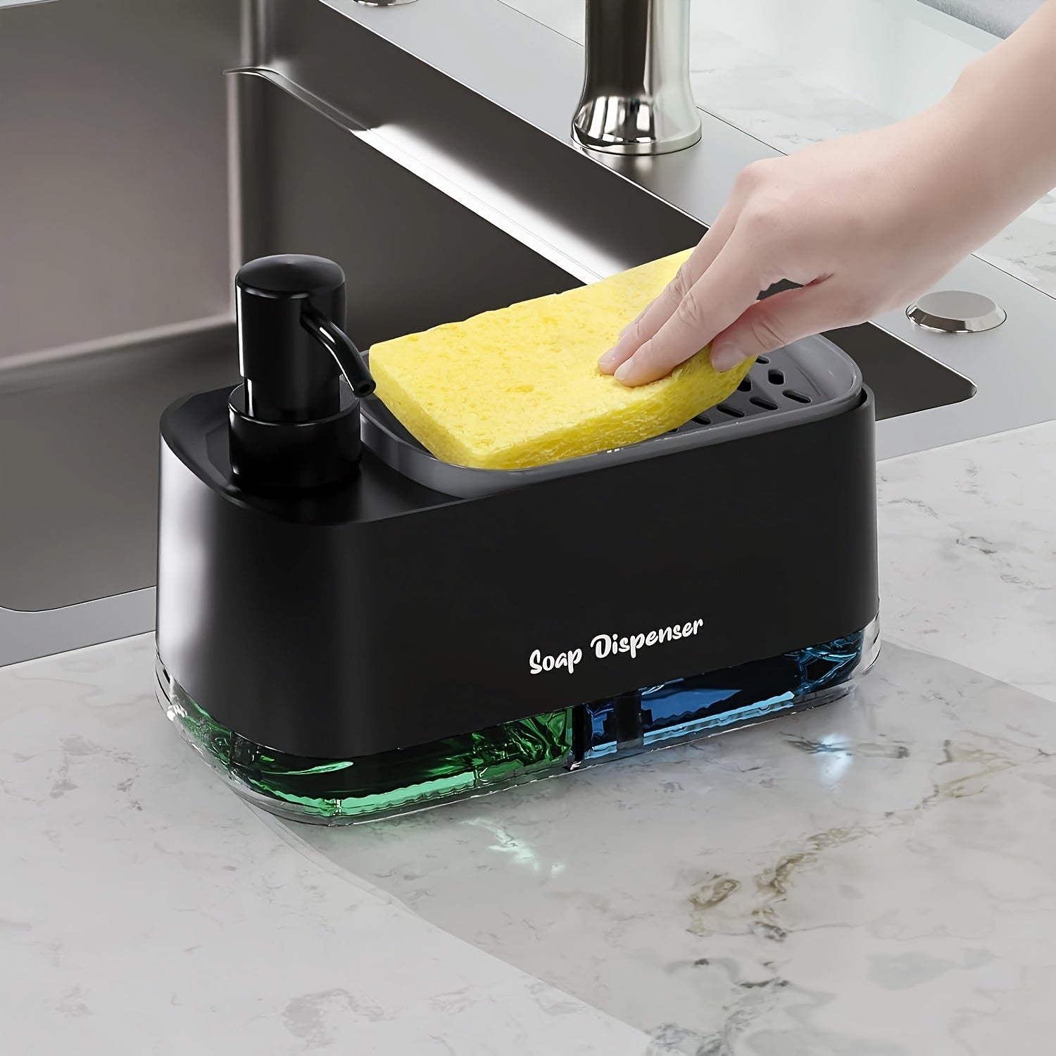 SoapVault | 4-in-1 dispenser voor afwasmiddel met sponshouder - dubbele dispenser voor hand- en afwasmiddel