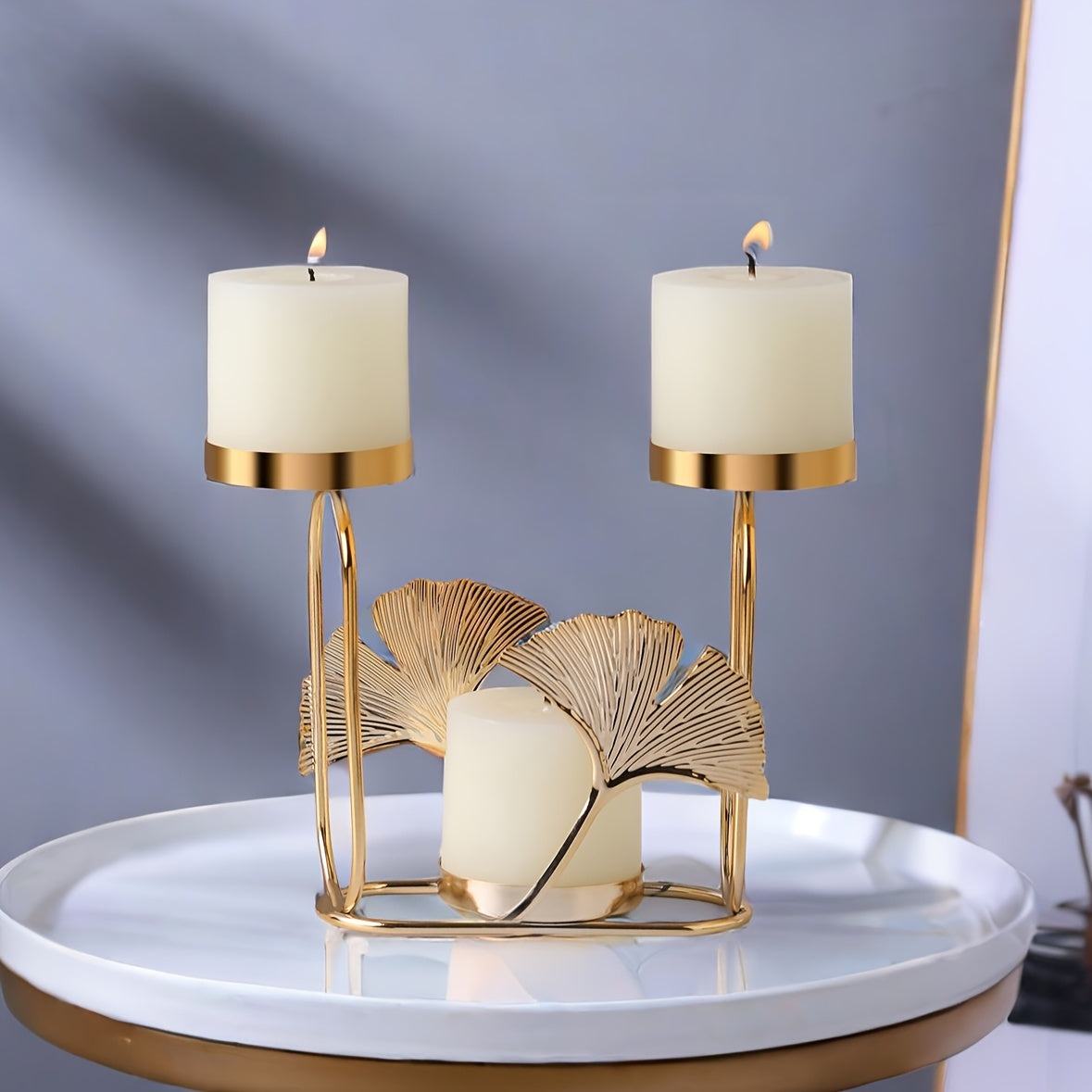 TrinityLeaf | Elegante 3-koppige Ginkgo Blad Kaarshouder - Metalen Tafel Decoratie