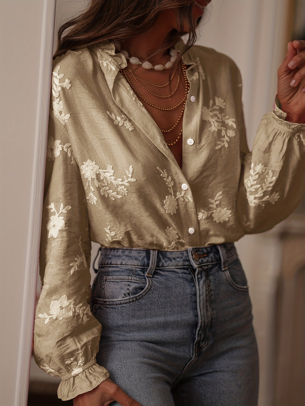 Omelia | Dames casual blouse met lange mouwen, bloemenborduursel, knopen aan de voorkant