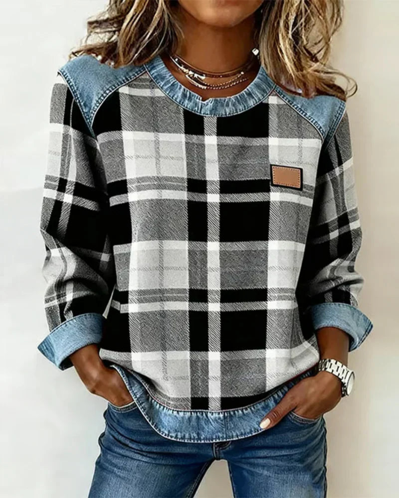 Elvarielle | Dames Geruite Trui – Denim Patchwork Gebreide Casual Trui met Lange Mouwen