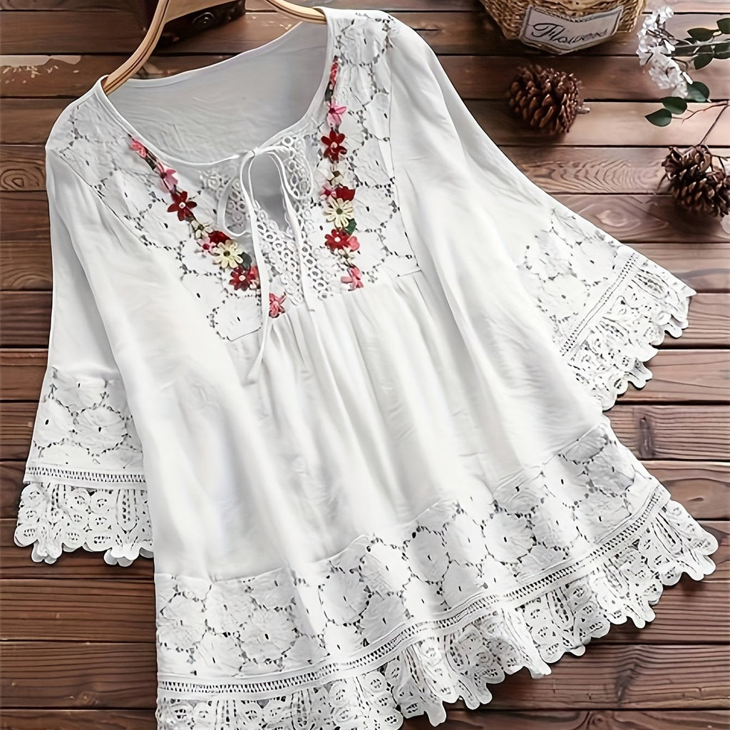 Vayla | Casual kanten damesblouse – Lente-zomerblouse met lange mouwen en patchwork
