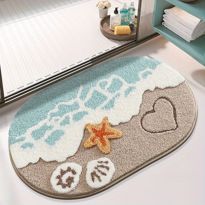 ShoreStep | Pluizige Ovale Badmat – Antislip en Waterabsorberend, Badkamermat met Strandschelpenpatroon