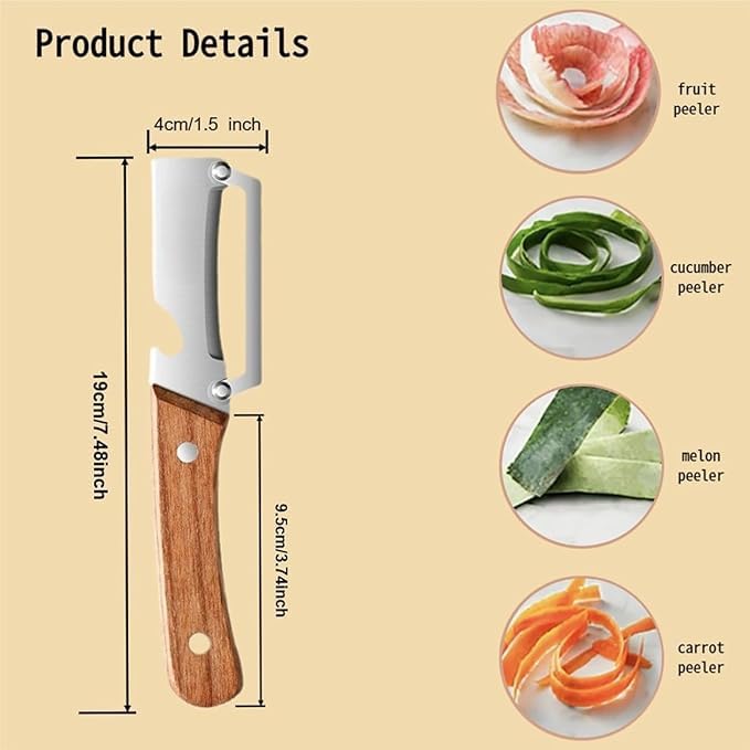 PeelEase | 3‑in‑1 Multifunctionele Keuken Groente- & Fruitenschiller – RVS Mes, Houten Handvat + Flesopener