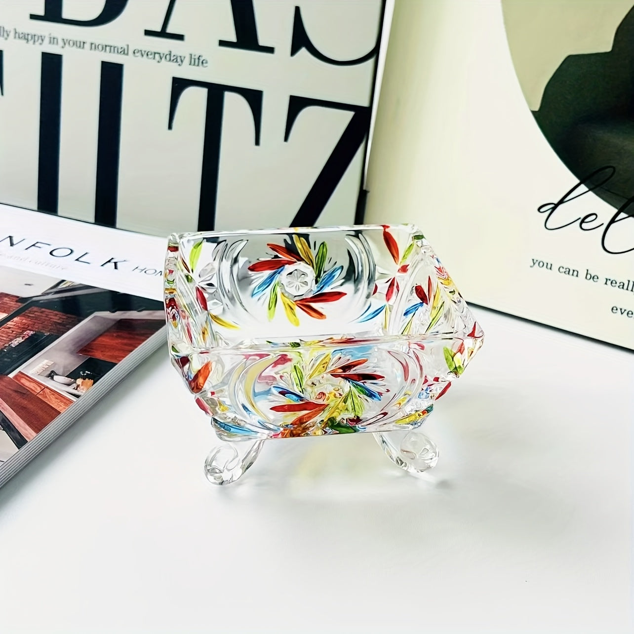 FloraBowl | Handgemaakte Vintage Glazen Snoepkom – Bloemmotief, Decoratief Voorjaarsbakje