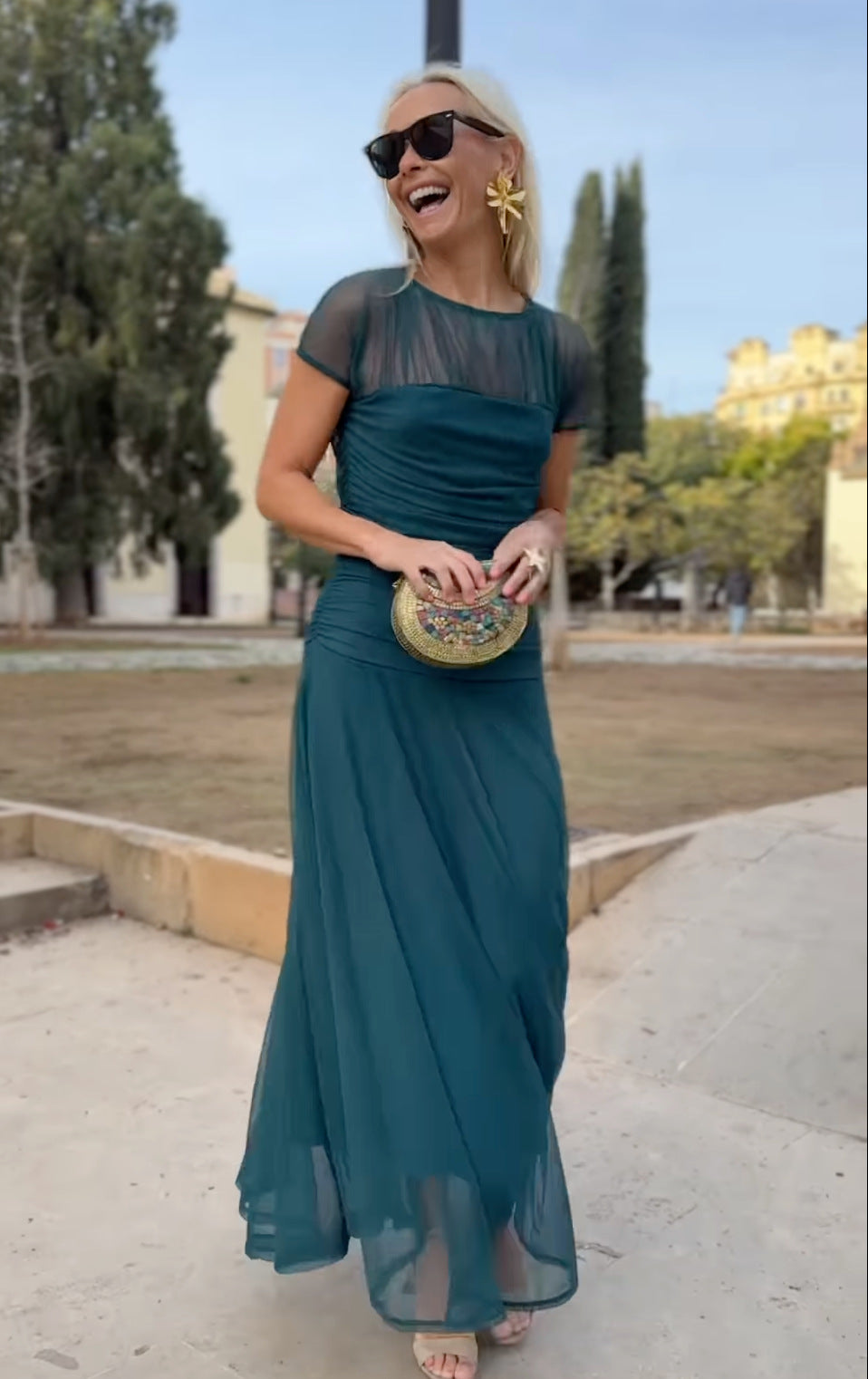 Eira | Dames chiffon jurk – elegante, zwierige maxi-jurk met ronde hals