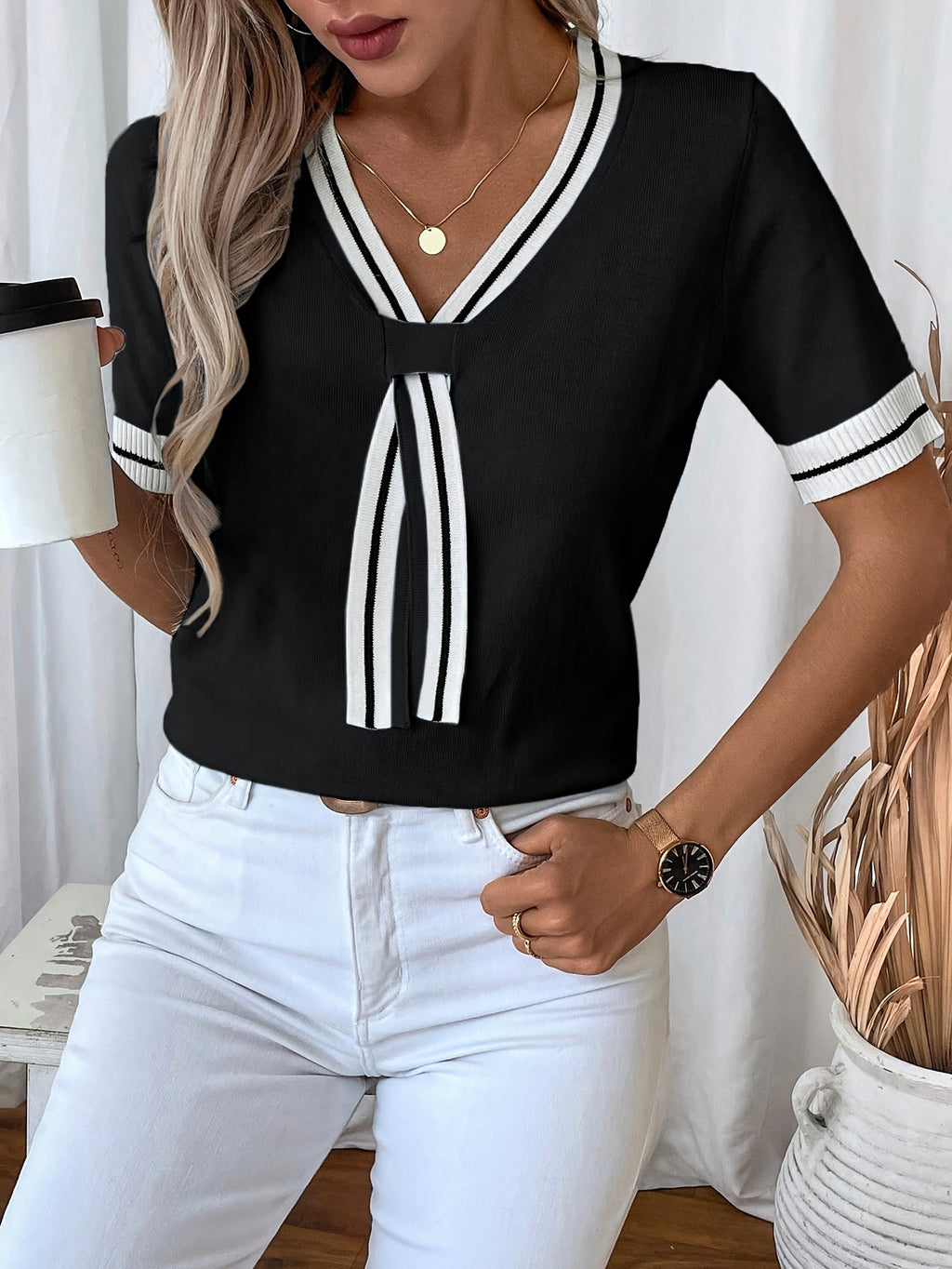 Analya | Dames Zomer T-shirt met V-hals en Strik – Casual Gebreid, Lichtgewicht, Ademend