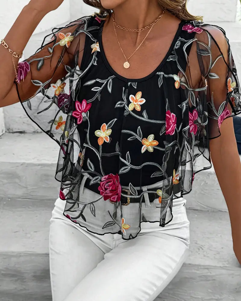 Kaelis | Dames Mesh Blouse met Bloemenborduurwerk – Elegante Lichtgewicht Top